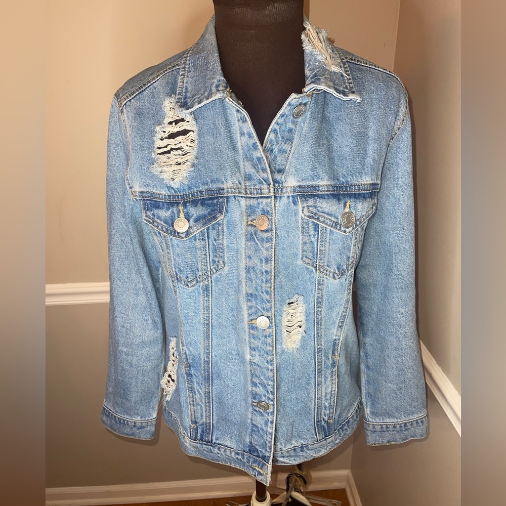 Refuge Button Up Distressed Jean Jacket Women's S Blue‎ Denim Long Sleeve…